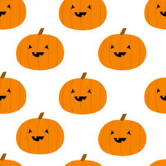 Pumpkin seamless pattern. Happy Halloween. Cute cartoon kawaii funny smiling baby character. Orange silhouette with face. White background. Flat design.