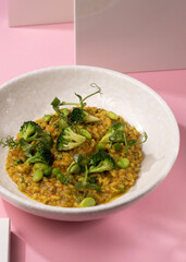 porridge with broccoli on a pink background