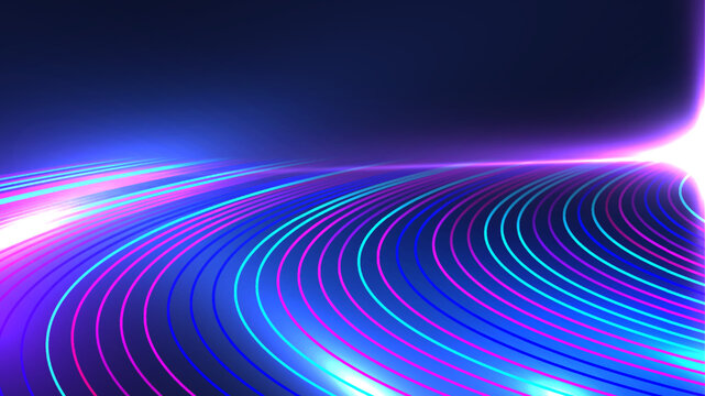 Abstract technology concept neon colors lines high speed light motion trails with lighting effect on dark blue background