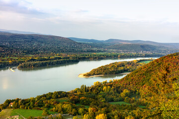 Beautiful aerial view over the danube river from Visegrad Hungary with hills and trees