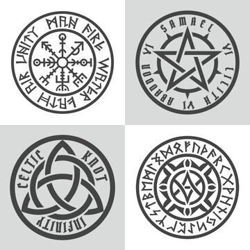 Rune circle. Set of magic symbols in scandinavian style. Mystical vector amulet with futhark runes. Mysterious wheel design. Black ethnic totemic geometric tattoo.