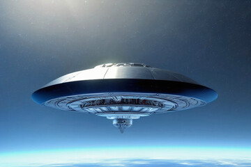 closeup of fantasy metalic ufo alien space ship flying in space
