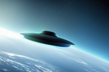 Fototapeta na wymiar closeup of fantasy metalic ufo alien space ship flying in space