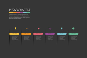 Six elements dark infographic with color arrows bookmarks