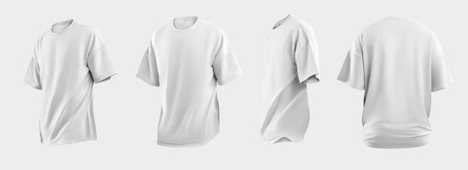 Set Mockup of a white oversized t-shirt 3D rendering, with a round neck, universal clothing for women, men, isolated on background. Template of fashion clothes for branding, place for design - obrazy, fototapety, plakaty