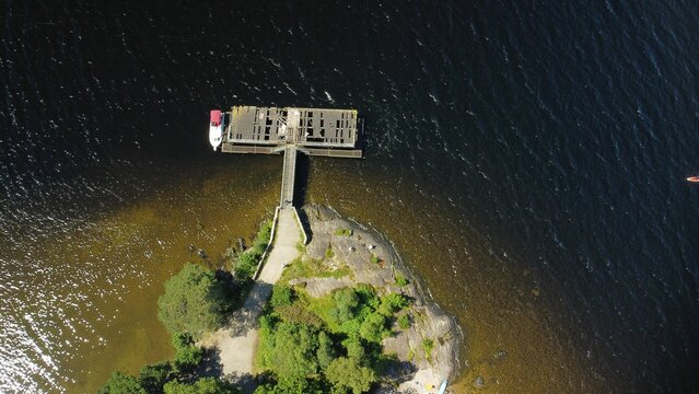 Aerial view of the Rowardennan pier in the evening over Loch Lomond Lake in Scotland