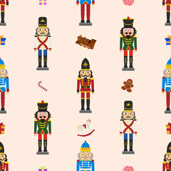 Seamless Christmas Pattern with Nutcracker and Christmas elements in Vector.