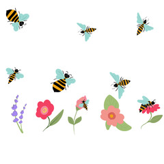 Obraz na płótnie Canvas Bees flying around a flowers. Vector illustration