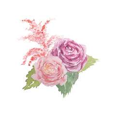 Watercolor hand drawn vintage pink and purple roses and astilba with green leaves isolated on white background.