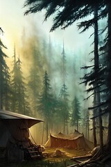 Postapocalyptic military encampment in the forest. Illustration.