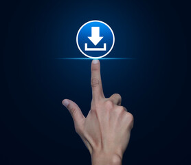 Hand pressing download flat icon over blue background, Technology internet online concept