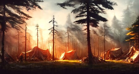 Postapocalyptic military encampment in the forest. Illustration. - obrazy, fototapety, plakaty