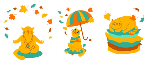 Autumn cute cartoon illustration with a cat and leaves
