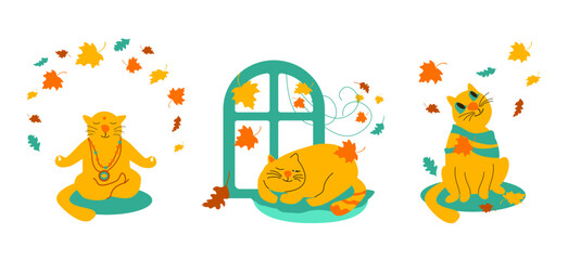 Obraz na płótnie Canvas Autumn cute cartoon illustration with a cat and leaves