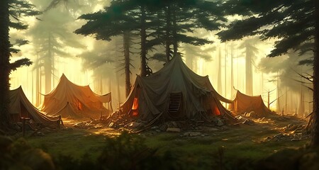 Postapocalyptic military encampment in the forest. Illustration. - obrazy, fototapety, plakaty