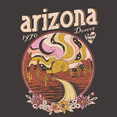 Desert Dreaming Arizona, feel the sunset, Arizona desert state graphic print artwork for apparel, t shirt, sticker, poster, wallpaper and others. © sumonsharif