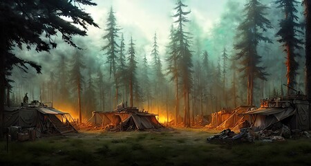 Postapocalyptic military encampment in the forest. Illustration.