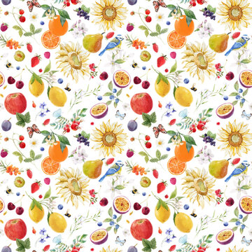 Beautiful vector autotraced seamless summer pattern with watercolor flowers and lemon pear orange mango fruits. Stock illustration.