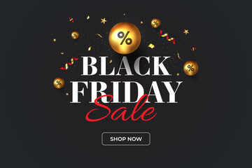 Black Friday sale poster or commercial discount event banner on black background with glossy Discount balloons. Social media template for website and mobile website, email. Vector