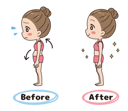 Before-after illustration set of a woman whose posture has been corrected.
