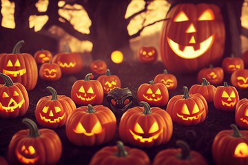 halloween lanterns pumpkin scary face with orange light on dark ground and blue moonlit night, 3D rendering, raster illustration.