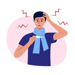 Sad sick man in a scarf with a thermometer. Male character suffers from high temperature, chills, sore throat, flu, headache. Symptoms of the disease.