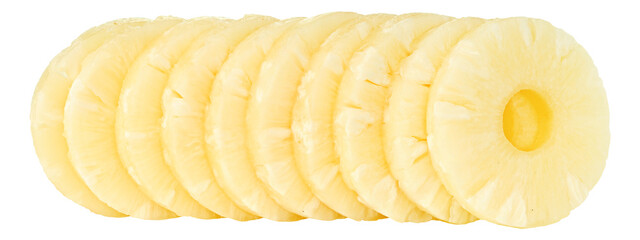 Peeled pineapple rings in a row, cut out