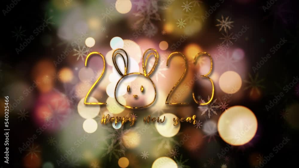 Aufkleber loop 2023 happy new year glittering text with rabbit face and snowflakes bokeh texture cinematic tit