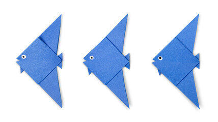 Blue origami fish set isolated on white