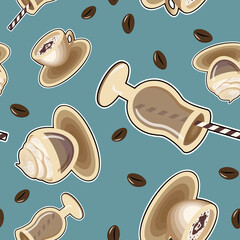 Coffee cups and glasses on the color background