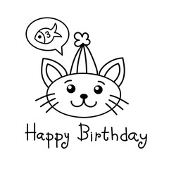 Birthday card with a cat. A cute cat dreams of a fish. Vector illustration. birthday party