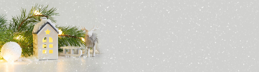 Banner of Christmas little house for fairy tale with a magical snow-covered house in white Xmas...