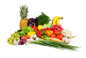 Assorted fruits and vegetables on white background