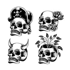 Set of skull head vector illustration with pirate hat, rose, horn, and leaf