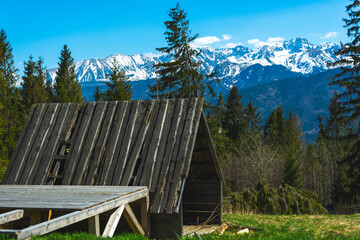 Drewniany domek na drewno w górach. W tle tatry.