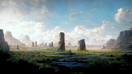 Obraz premium Landscape, ruins, ancient, stone monument, fantasy, reincarnation, digital illustration