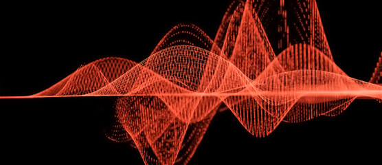 Illustration of abstract red wireframe sound waves, visualization of frequency signals audio wavelengths, conceptual futuristic technology waveform background with copy space for text - obrazy, fototapety, plakaty