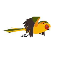 Exotic parrot flying vector illustration. Bird flapping wings, movements of wings. Bright yellow ara flying in sky isolated on white background. Animal, motion concept