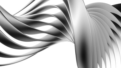 Silver abstract shiny glossy metallic modern 3D object with many overlapping layers and flowing curves, lines or shapes on black background