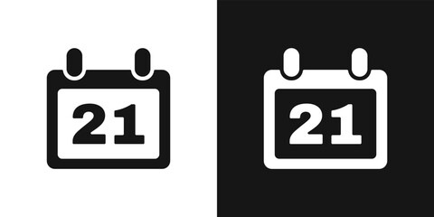 Calendar date 21 vector sign. A leaf of the flip calendar and 21st of the month, isolated icon on black and white  background