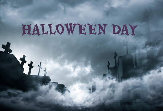 Halloween day concept. Cemetery or graveyard in the night with dark sky. Haunted cemetery. Spooky and creepy burial ground. Horror scene of graveyard. Funeral concept. Halloween day background.