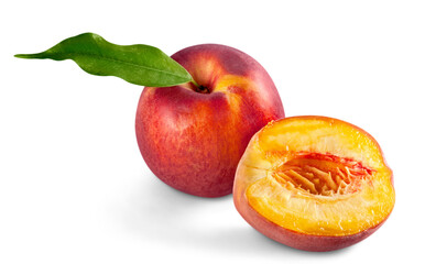 Fresh peach and half isolated on white background