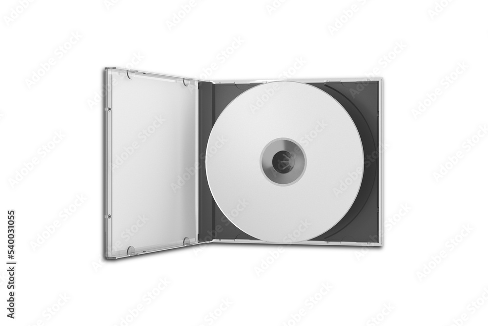 Poster opened and half opened cd case mockup isolated on white background. 3d rendering.cd disc and carton 