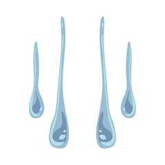 Blue dripping or falling drops of water flat vector illustration. Simple droplets of sweat, rain or tears from crying isolated on white background. Emotions, nature concept for graphic design