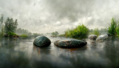 Fototapeta na wymiar Wet stones with water in rain, fine details as panorama background and wellness motif