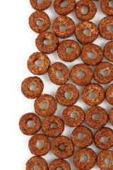 Chocolate rings, quick breakfast for kids isolated on white background.