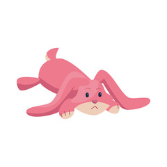 Sad pink bunny for kids vector illustration. Cute toy from plush for children, nursery element isolated on white background. Childhood, entertainment concept