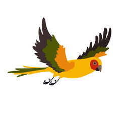 Yellow ara with spread wings vector illustration. Bird flapping wings, flight movements. Colorful ara flying in sky isolated on white background. Animal, motion concept