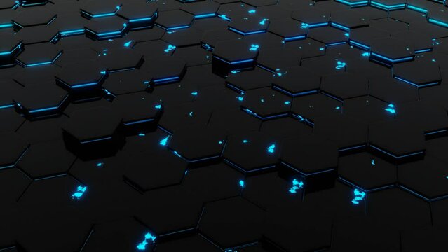 Oddly satisfying motion of hexagon landscape with glowing parts smooth seamless looping background 4K