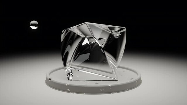 Oddly satisfying motion of a glass cube observing a small glass sphere. Abstract 3D looping background animation 4K, ProRes 442
